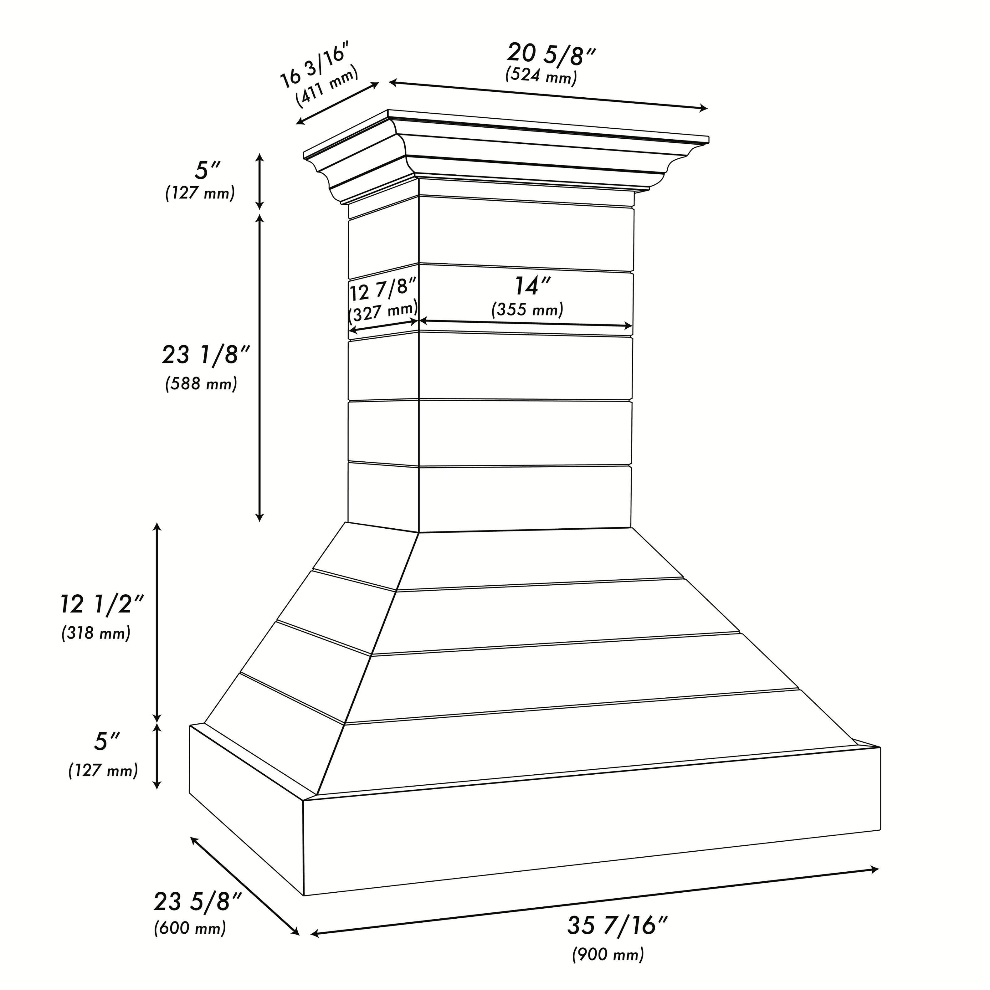 The text on the image is grouped and corrected as follows:

16 3/16" (411 20 5/8" (524 mm)
5" (127 mm)
23 1/8" (588 mm)
12 7/8" (327 mm)
14" (355 mm)
12 1/2" (318 mm)
5" (127 mm)
23 5/8" (600 mm)
35 7/16" (900 mm)