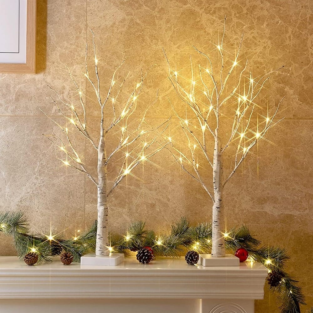 RTMB - 2-Pack 2 FT Lighted Birch Trees with Warm LED Lights and Timer - White