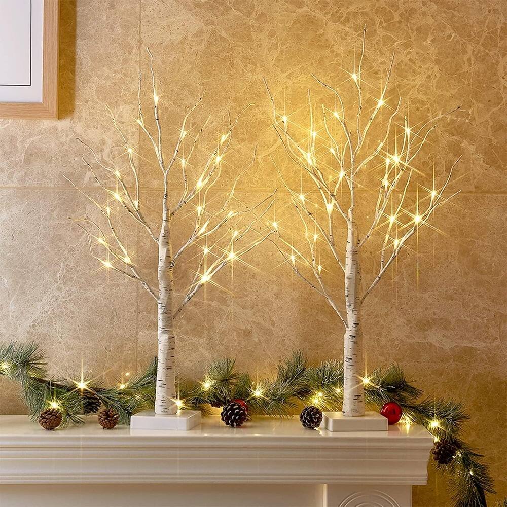 Front. RTMB - 2-Pack 2 FT Lighted Birch Trees with Warm White LED Lights and Timer - White.