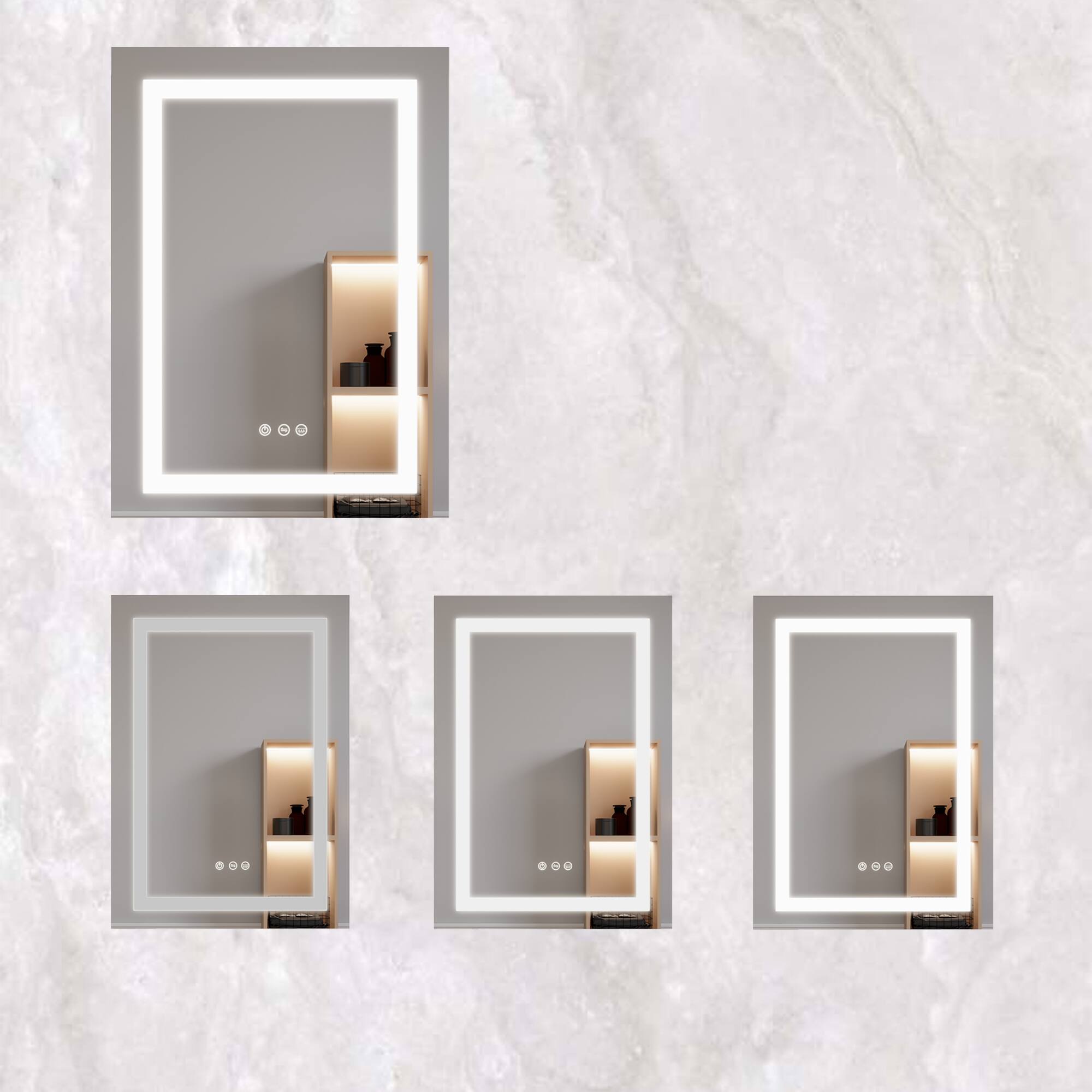 The image shows a modern bathroom mirror with integrated lighting and a shelf. There are four identical mirrors arranged in a grid pattern. Each mirror has a sleek, rectangular frame with LED lighting around the edges. Below the mirror, there is a shelf with a warm, ambient light. On the shelf, there are a few items, including what appears to be a soap dispenser and a small bottle. The mirrors have touch controls with icons for power, brightness, and possibly other functions. The background is a light, marble-like texture.