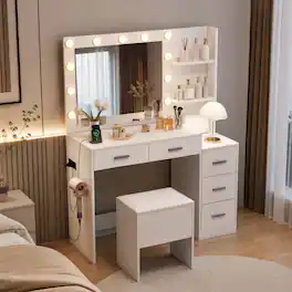 WELLFOR - 43.5 Inch Makeup Vanity Set with 3-Color LED Mirror & Charging Station, Vanity Table with Storage Stool for Bedroom - White