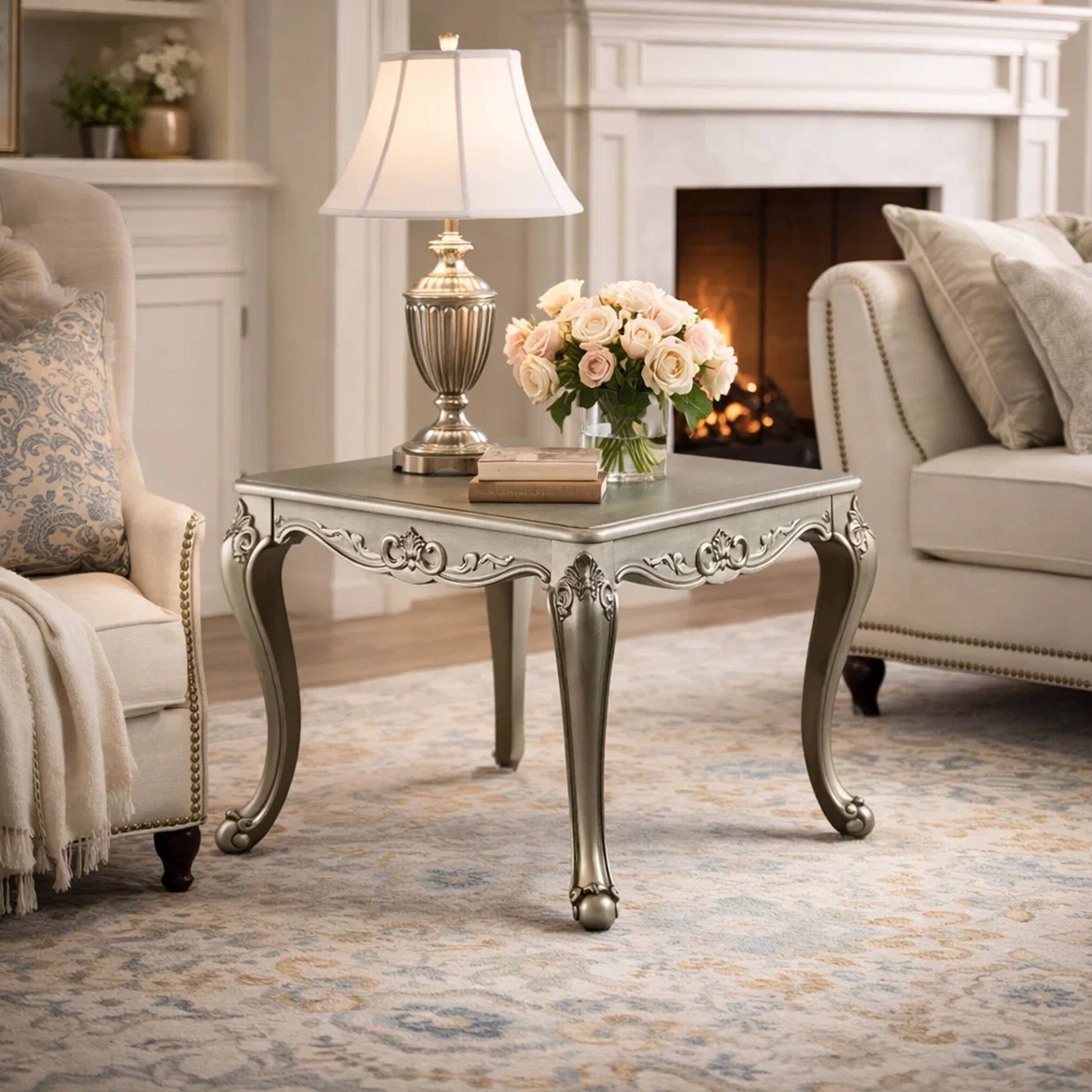 Alt View 8. Manhattan Lane - Miz Side End Table, 28 Inch, Carved Cabriole Legs - Champagne Silver, Gold.