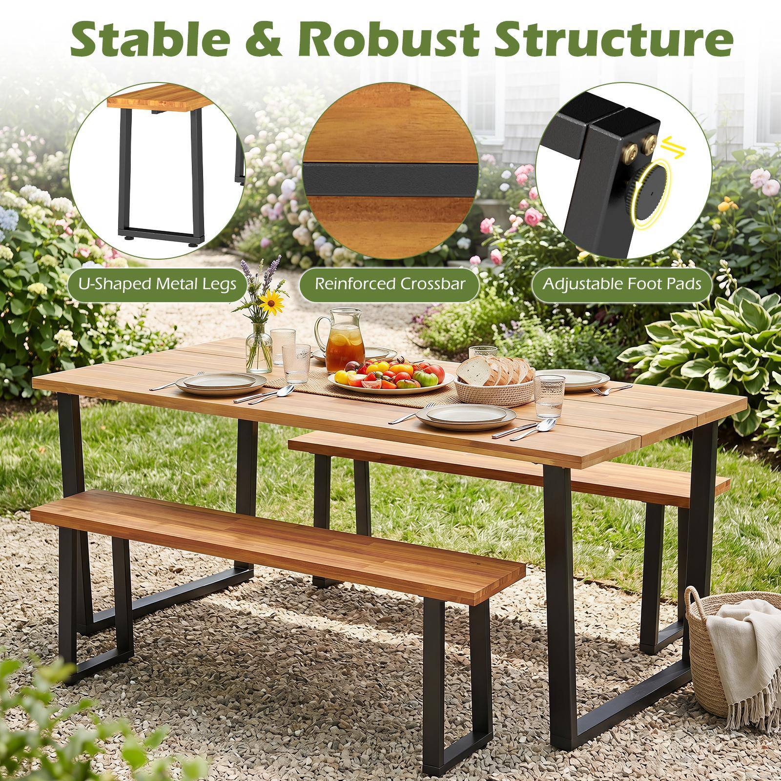Stable & Robust Structure  
U-Shaped Metal Legs  
Reinforced Crossbar  
Adjustable Foot Pads