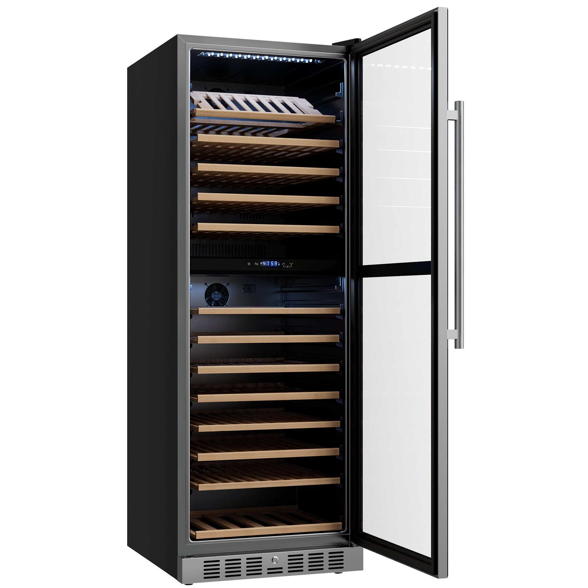 Left. Empava - 23.43 In. 163-bottle Dual Zone Freestanding Wine Cooler - Compressor Cooling, 13 Shelves, Wine Fridge 41-64°F In Black - Black.