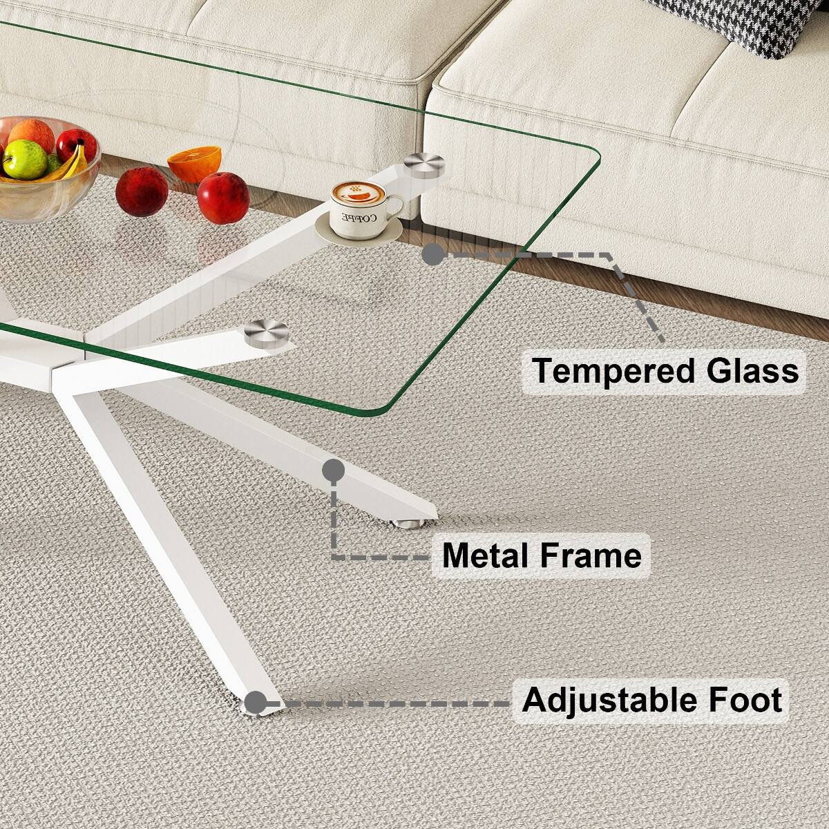Loheer Rectangular Tempered Glass Coffee Table with White Metal Legs ...