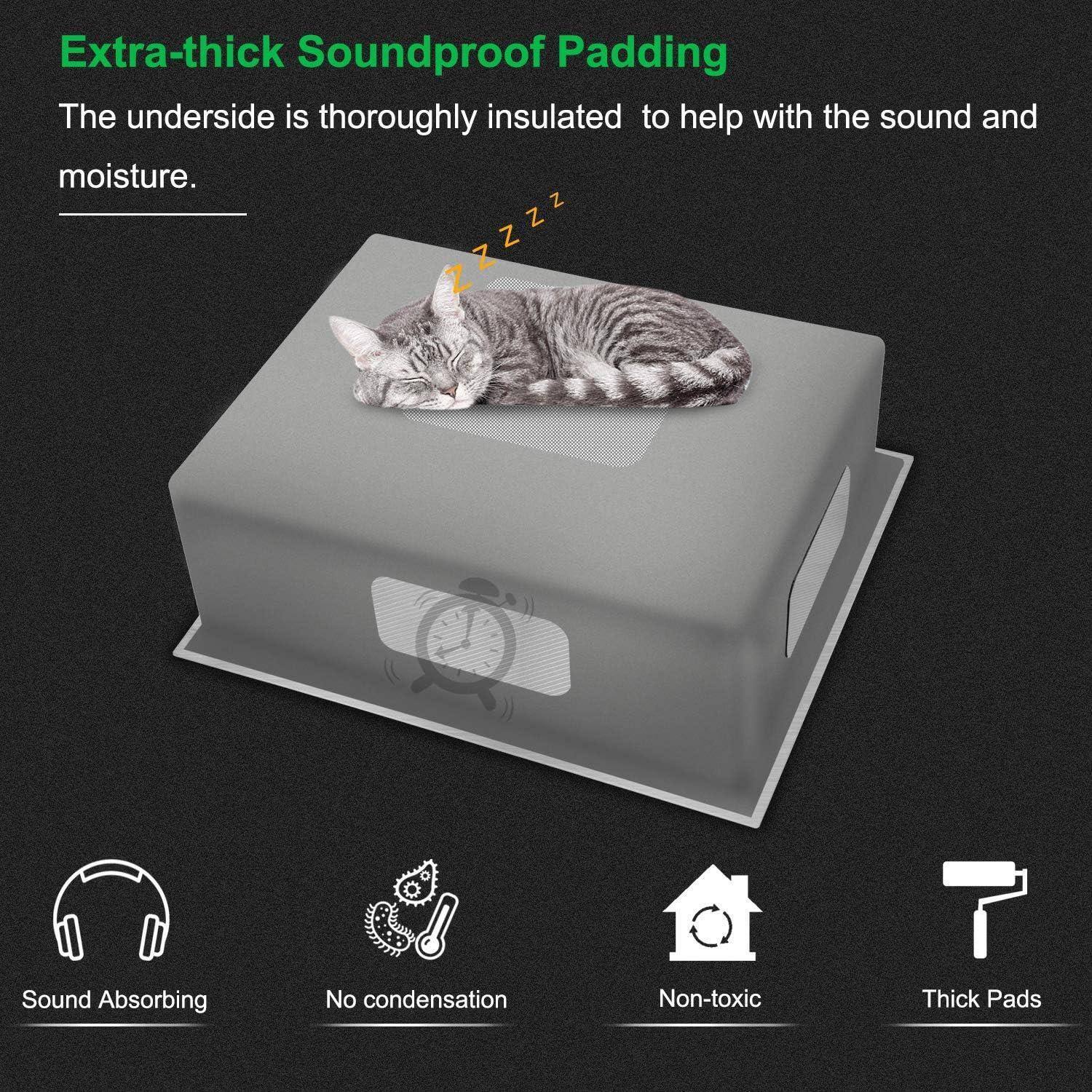 Extra-thick Soundproof Padding  
The underside is thoroughly insulated to help with the sound and moisture.  

Sound Absorbing  
No condensation  
Non-toxic  
Thick Pads