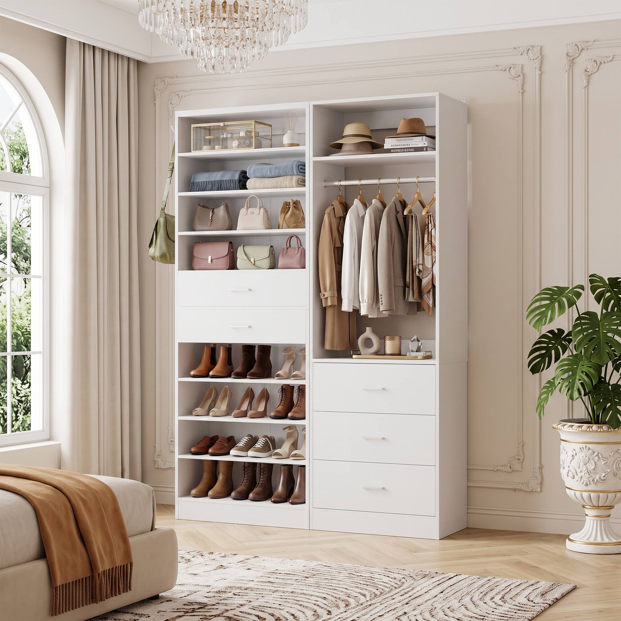 Angle. Aheaplus - Dual-Station Storage Bundle: 10-Tier Shoe Cabinet with 2 Drawers + 2FT Freestanding Closet System with 3 Drawers - White.