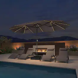 PURPLE LEAF - 14 ft. Patio Market Umbrella with Solar LED and Base Double-Sided Outdoor Table Sun Umbrellas for Pool Deck Backyard - Gray