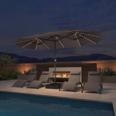 10 led patio offset umbrella WESTLAKE 10 Ft Solar LED Cantilever Offset Patio Umbrella w/ Included 4-Piece Base Weights, Gray