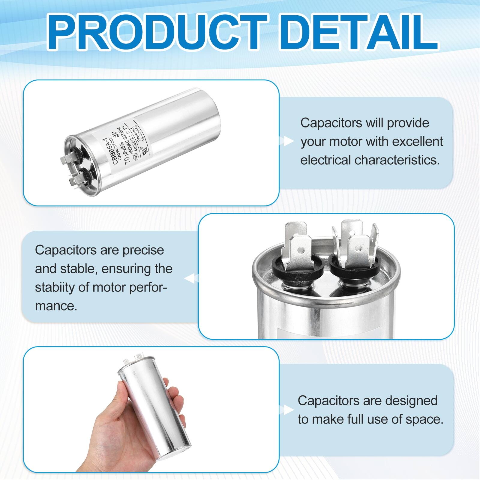 PRODUCT DETAIL

CPL P1 SOEOHI 1 Protected 4 WC 40/85/21 CBB65A-1 CAPACIT uF15% 450VAC * 3 70

- Capacitors will provide your motor with excellent electrical characteristics.
- Capacitors are precise and stable, ensuring the stability of motor performance.
- Capacitors are designed to make full use of space.