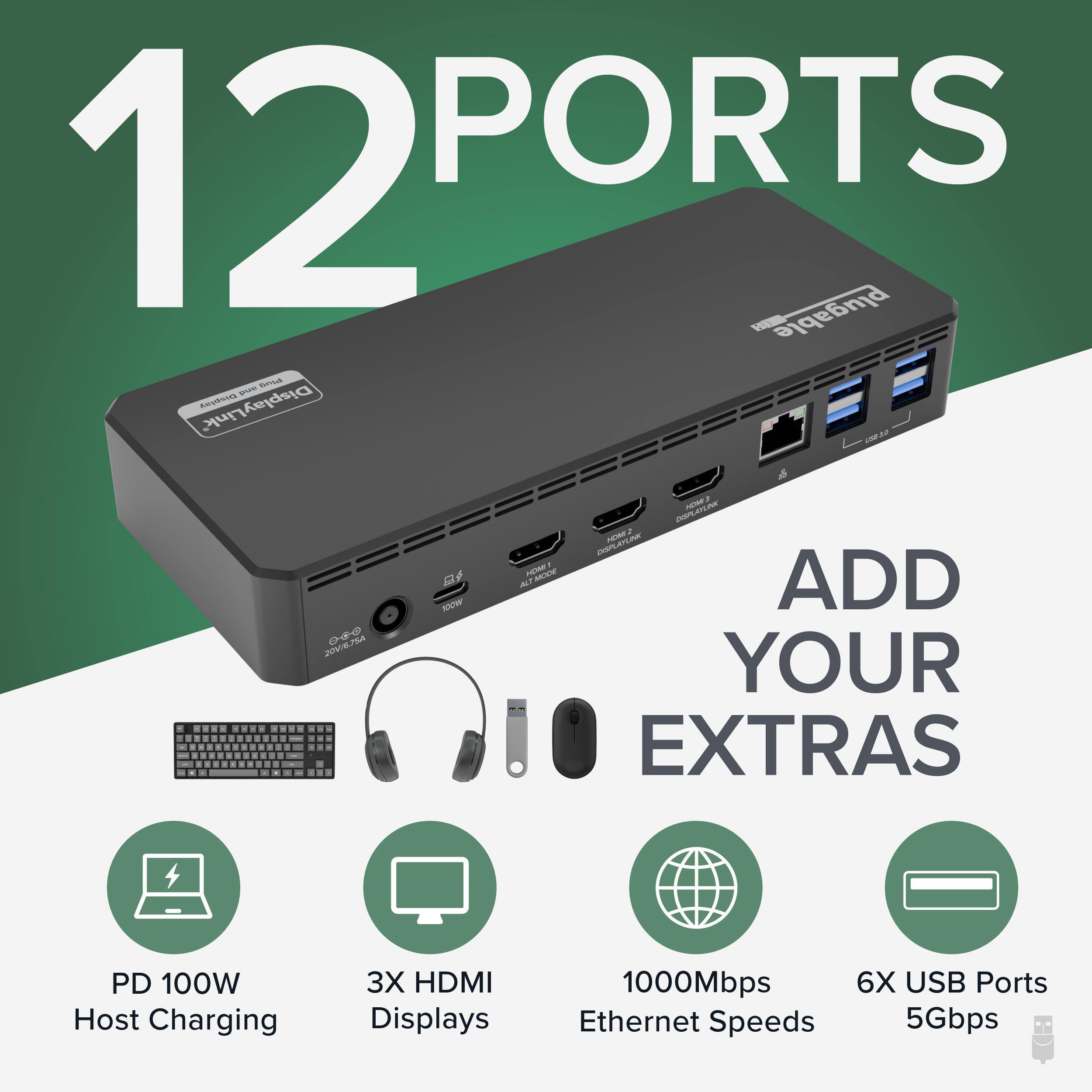 12 PORTS plugable e smLL - DisplayLink ERVTTAS L 20V N 100W . JAn - ANAMLATIA . nLITUM PA N C PRE M ALT ADD YOUR EXTRAS PD 100W Host Charging 3X HDMI Displays 1000Mbps 6X USB Ports Ethernet Speeds 5Gbps