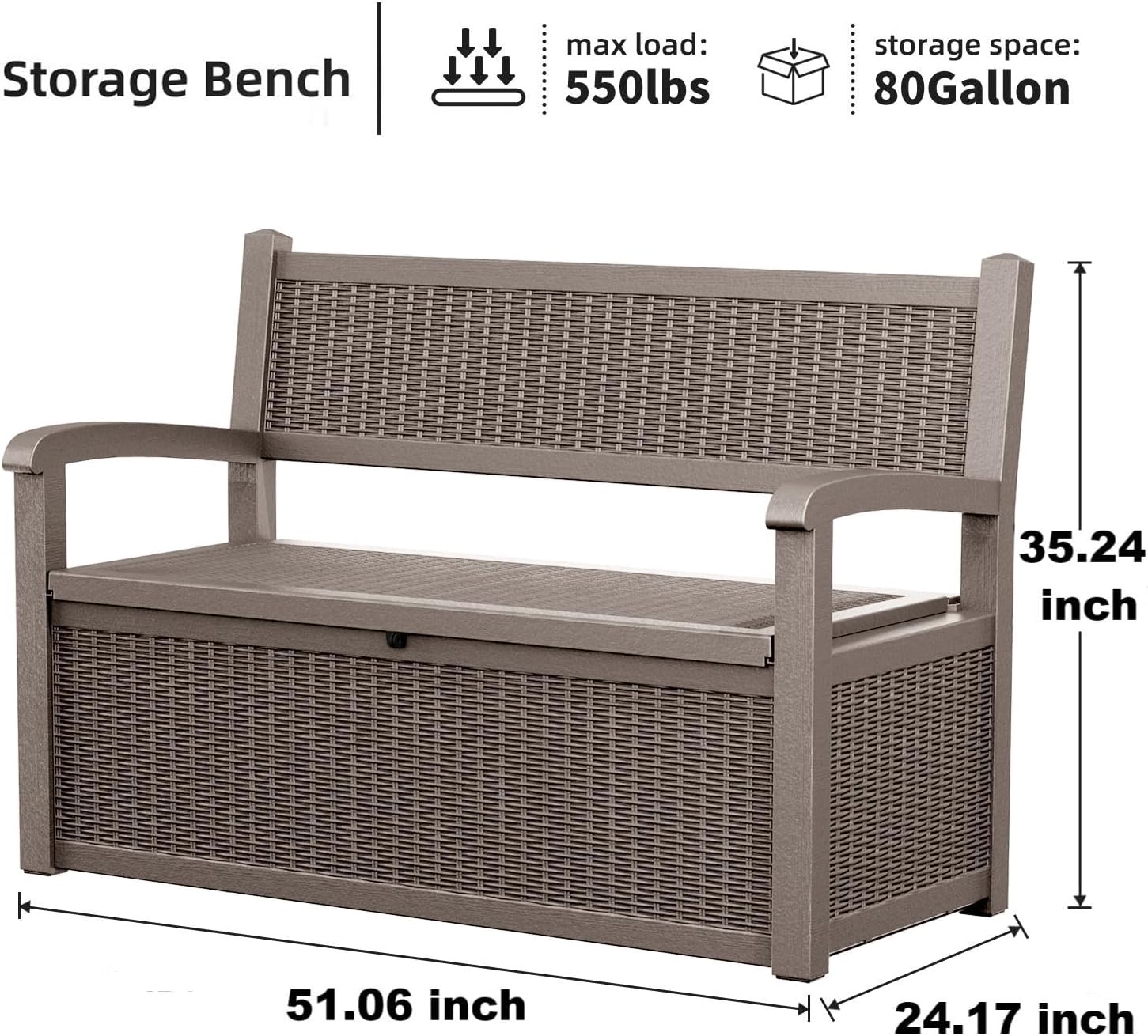 Storage Bench  
max load: 550lbs  
storage space: 80Gallon  
35.24 inch  
51.06 inch  
24.17 inch