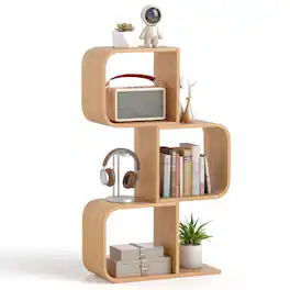 Costway - 1 PCS 2 Tier S-Shaped Bookcase with 2 Open Cubes Geometric Corner Display Shelf - Natural