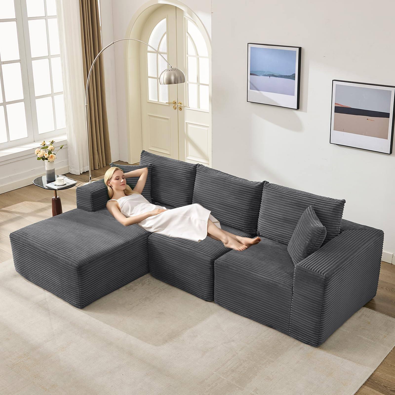 Alt View 2. Jojoka - 108" Modular L-Shaped Cloud Couch, Reversible Chaise Sectional Sofa with Deep Seats & Corduroy Upholstery - Grey.