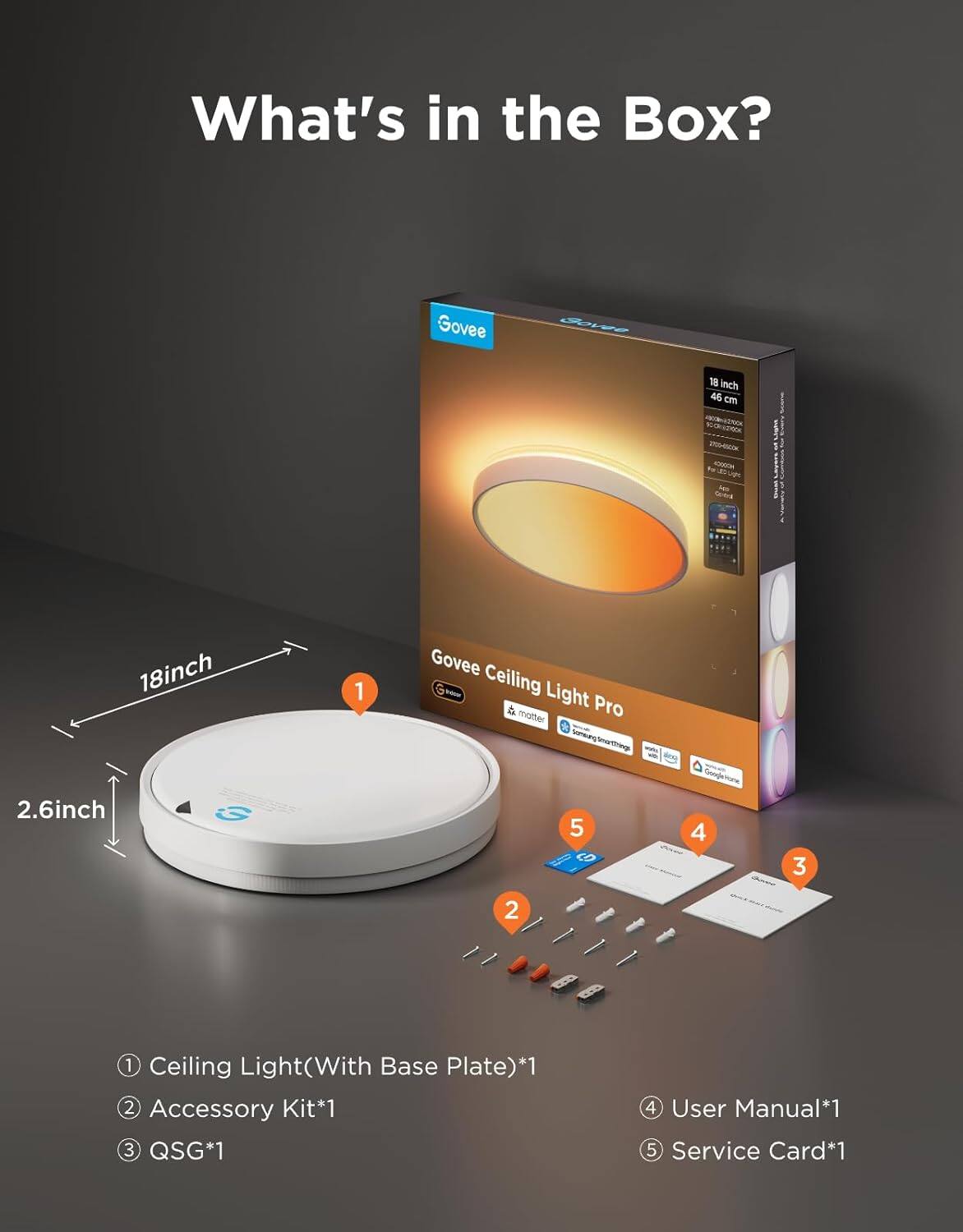 What's in the Box?

Govee Ceiling Light Pro 18 Inch 46 cm - 2.6 inch

1. Ceiling Light (With Base Plate)*1
2. Accessory Kit*1
3. QSG*1
4. User Manual*1
5. Service Card*1