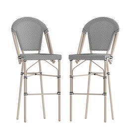 Emma + Oliver - Massalia Indoor/Outdoor Bistro Style Bar Stools with Textilene Seat and Metal Frame - Black & White/Light Natural Frame