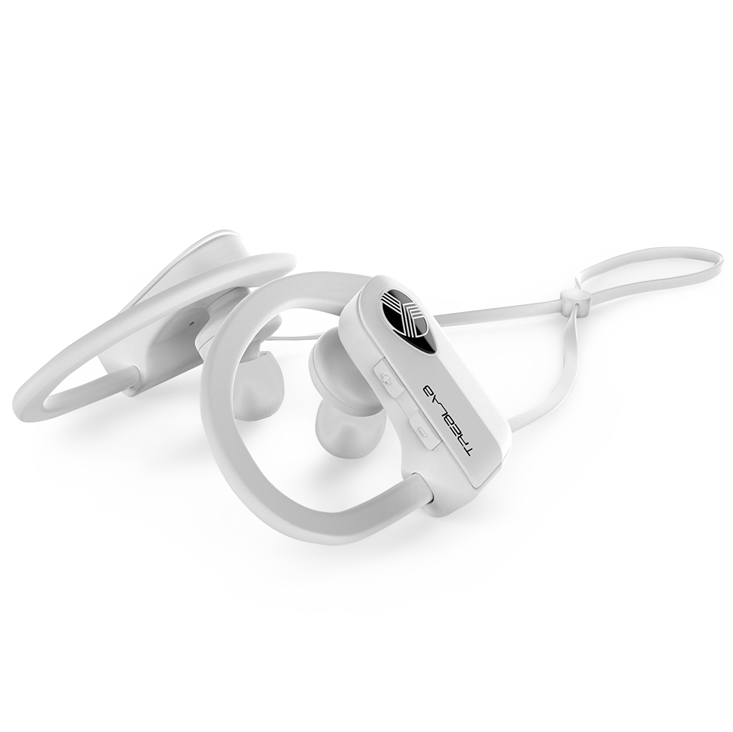 Angle. TREBLAB - XR500 Bluetooth Running Headphones, IPX7 Waterproof, Noise Cancelling, Secure-Fit, Wireless Sport Earbuds with Mic - Black with white logo.