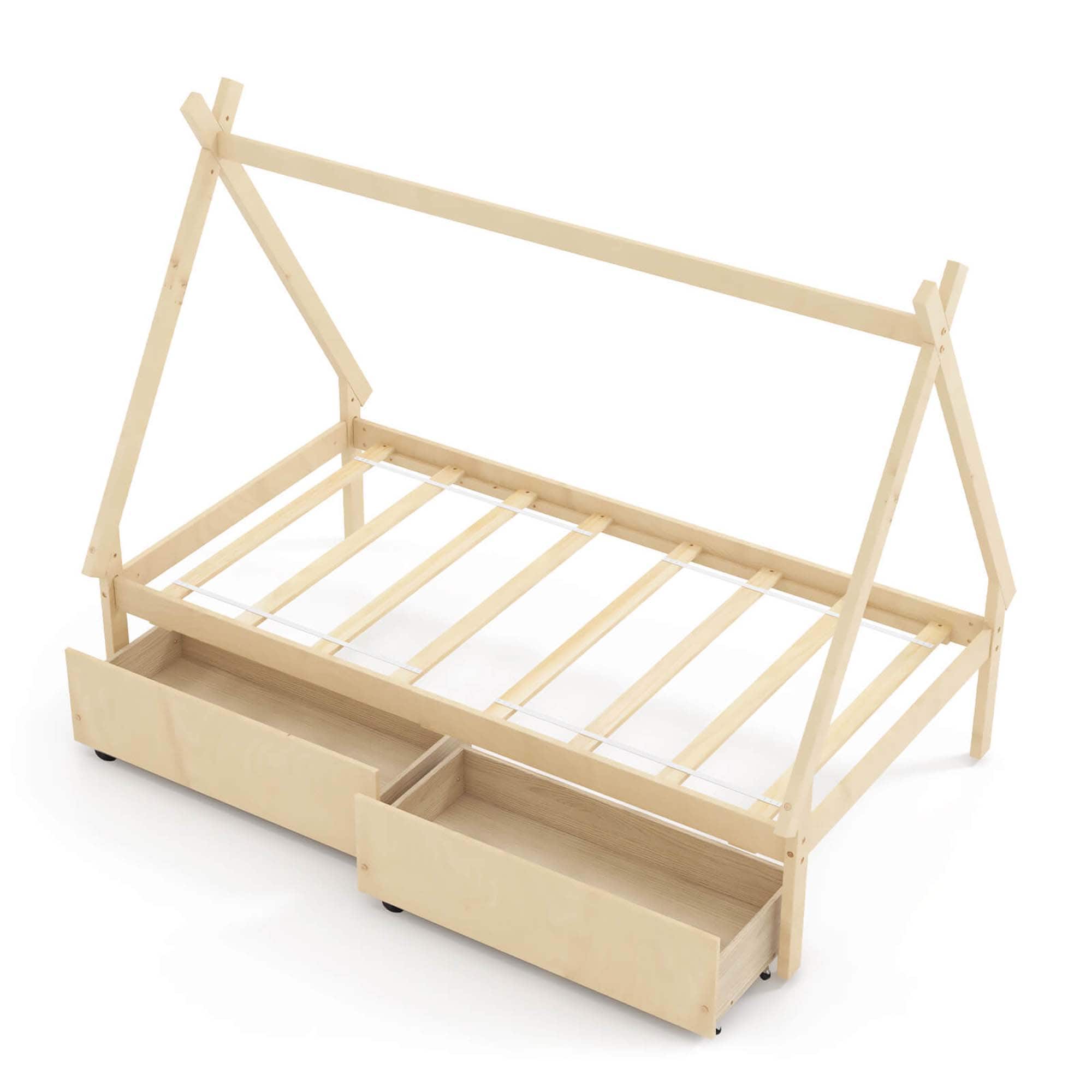 Front. Costway - Twin Size Wooden House Bed with 2 Drawers Roof Storage for Boys & Girls - Natural.