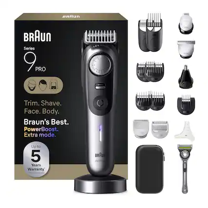 BRAUN
ProDetal
BRAUN Series 9 PRO
1 A C 3. % e + 0 4 2g 9 O V 3 $ g
15-20
BRRND ProCentour BRAJO
Trim. Shave. Face. Body. Braun's Best. PowerBoost. Extra mode.
9
5 BODY 200
Up to 5 Years Warranty *T&Con Braun.com apply
BRAUR AIO9 PRO
Callette