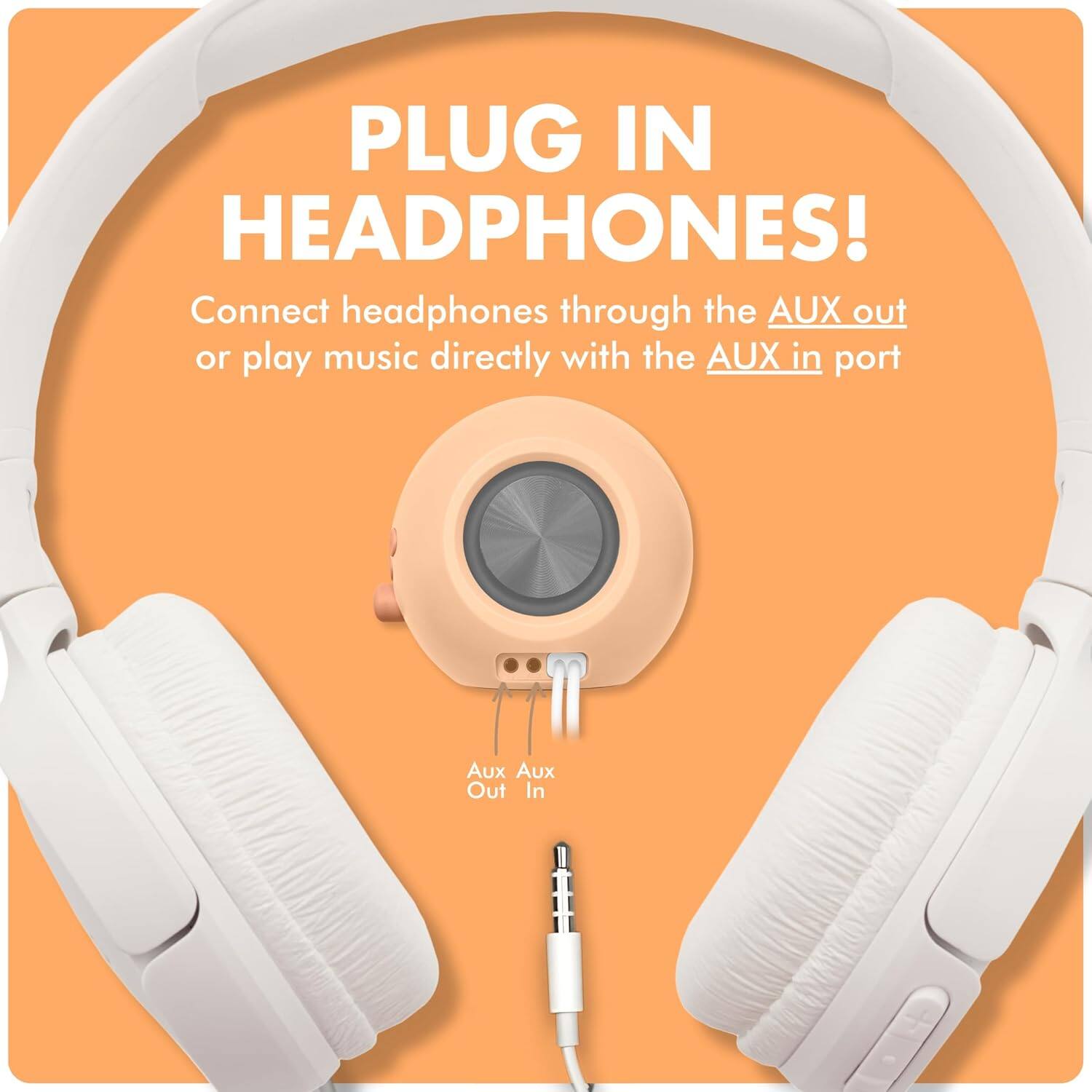 PLUG IN HEADPHONES!

Connect headphones through the AUX out or play music directly with the AUX in port

AUX Out
AUX In