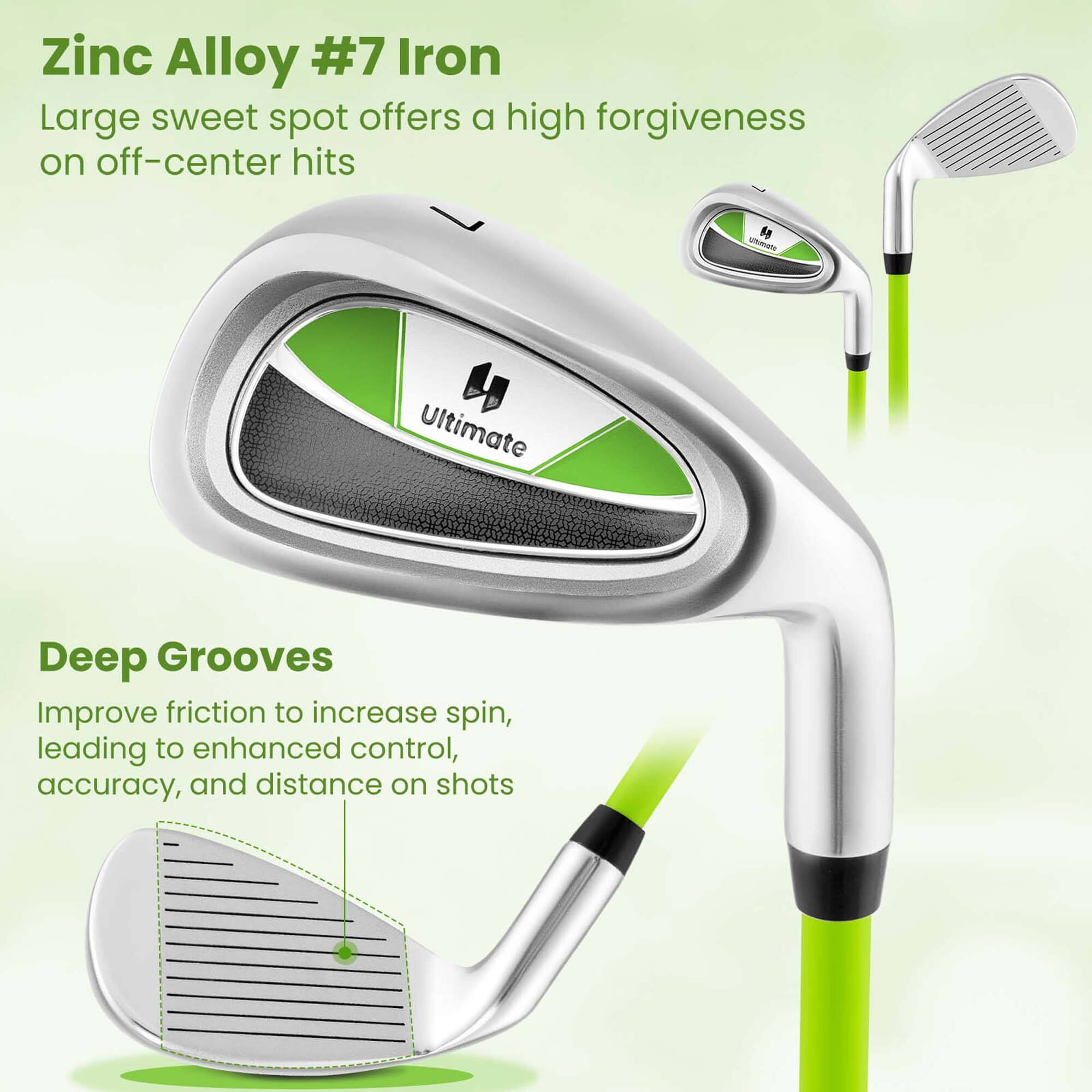 Zinc Alloy #7 Iron  
Large sweet spot offers a high forgiveness on off-center hits  

Deep Grooves  
Improve friction to increase spin, leading to enhanced control, accuracy, and distance on shots