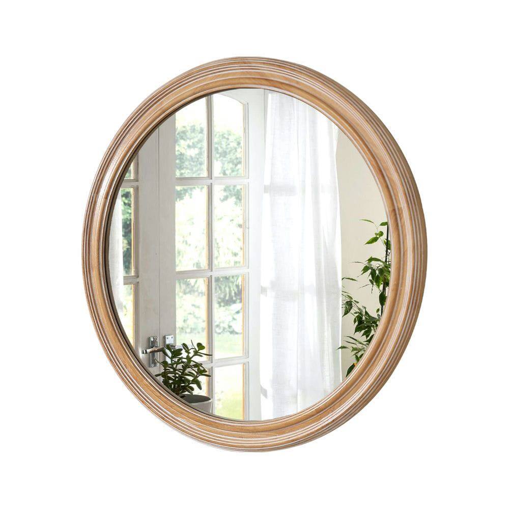 Angle. Kadyn - 27.5" Round Wooden Farmhouse Mirror with Whitewash Edge, Decorative Hanging Mirror for Bathroom/Bedroom, Antique Natural.