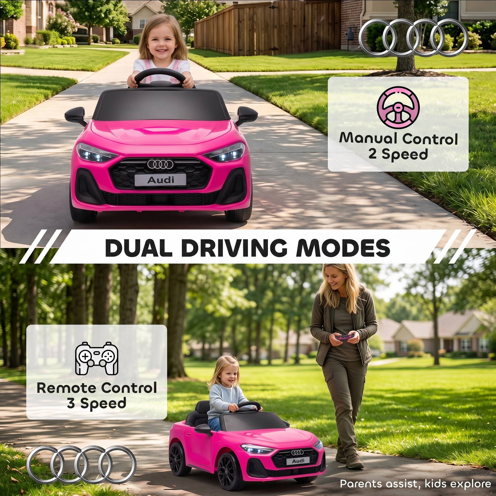 Manual Control 2 Speed  
Audi  
DUAL DRIVING MODES  
Remote Control 3 Speed  
COCO Audi  
Parents assist, kids explore
