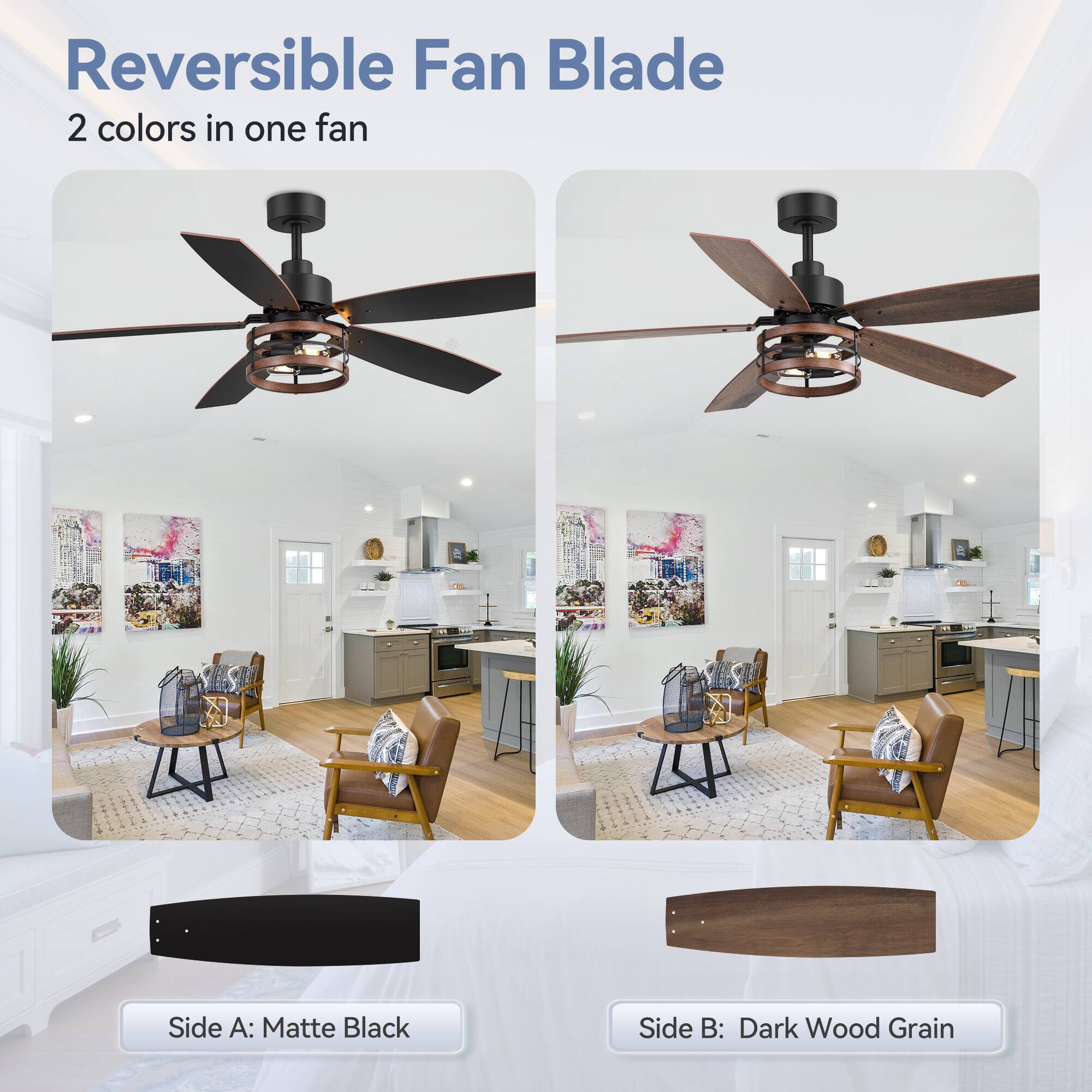 Reversible Fan Blade, 2 colors in one fan, Side A: Matte Black, Side B: Dark Wood Grain
