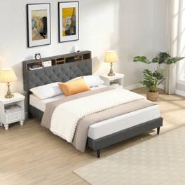 LUCKY ONE - Queen Size Platform Bed Frame with USB Outlet and Storage Compartments, Heavy Duty Metal Slats, No Box Spring Needed - Dark Gray