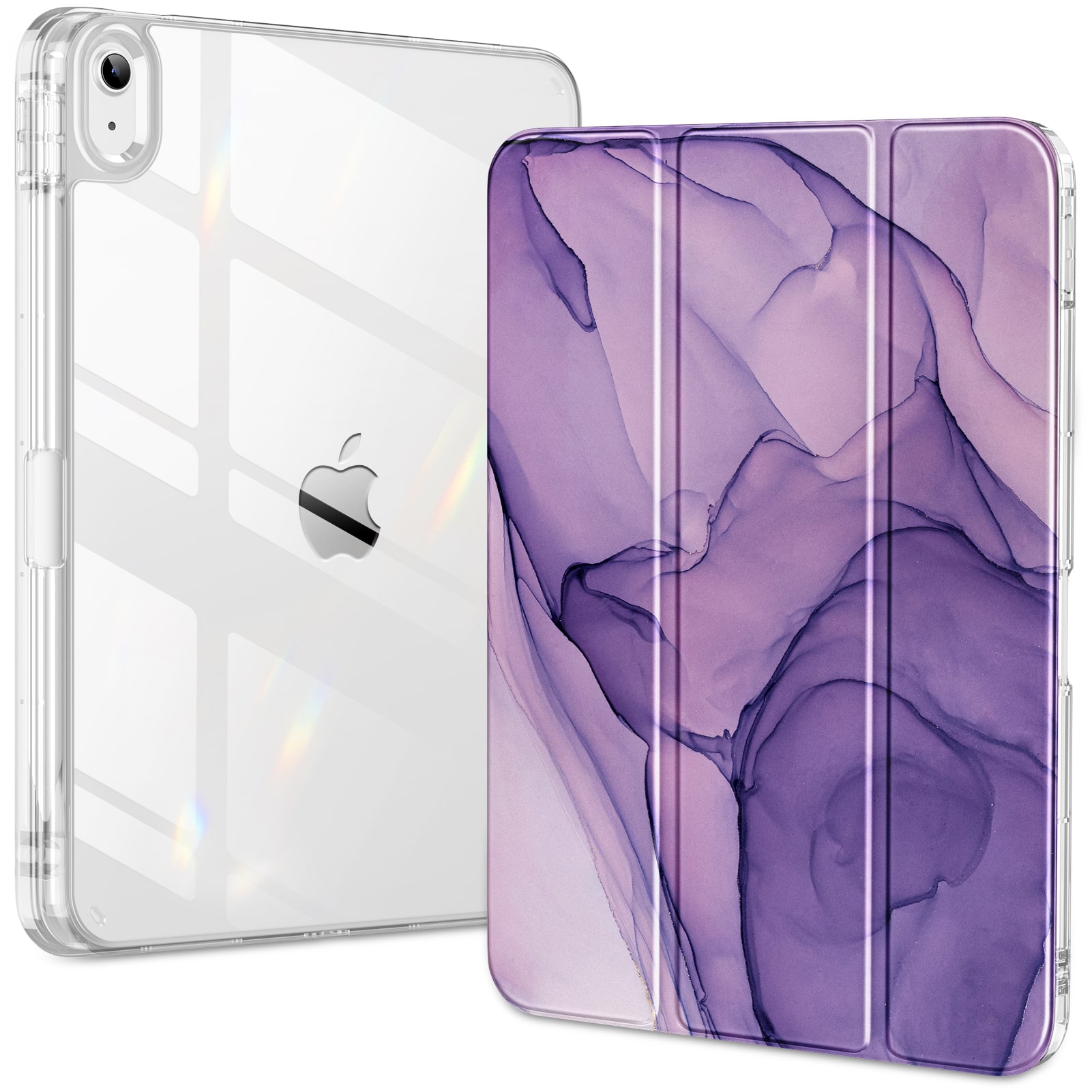 Front. DTTO - Case for iPad (A16)/10th Gen (2025/2022), clear hard back, soft TPU frame, slim trifold stand,  auto wake/sleep - Purple Marble.