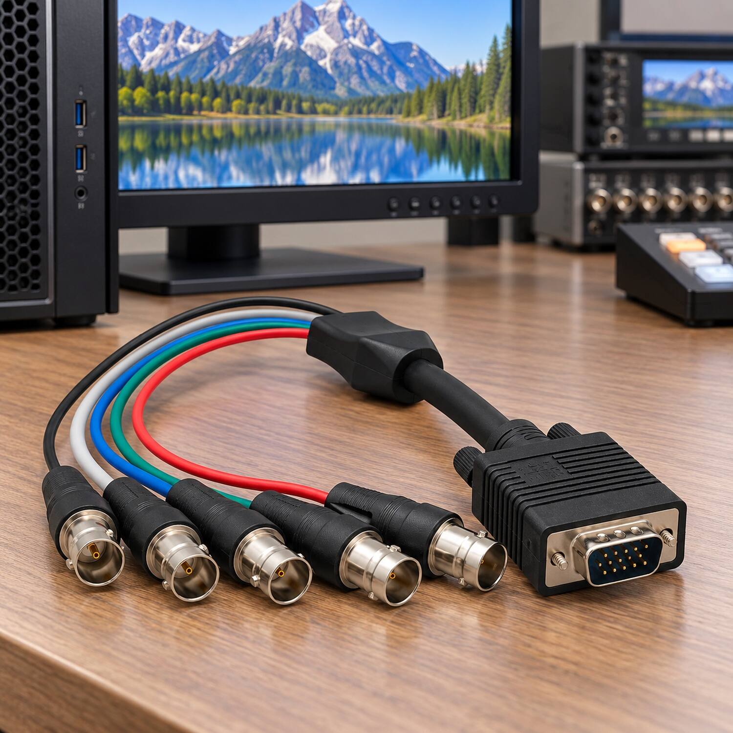 Left. Sanoxy - 1ft VGA HD15 Male to 5-BNC RGBHV Female Monitor Cable - Black.