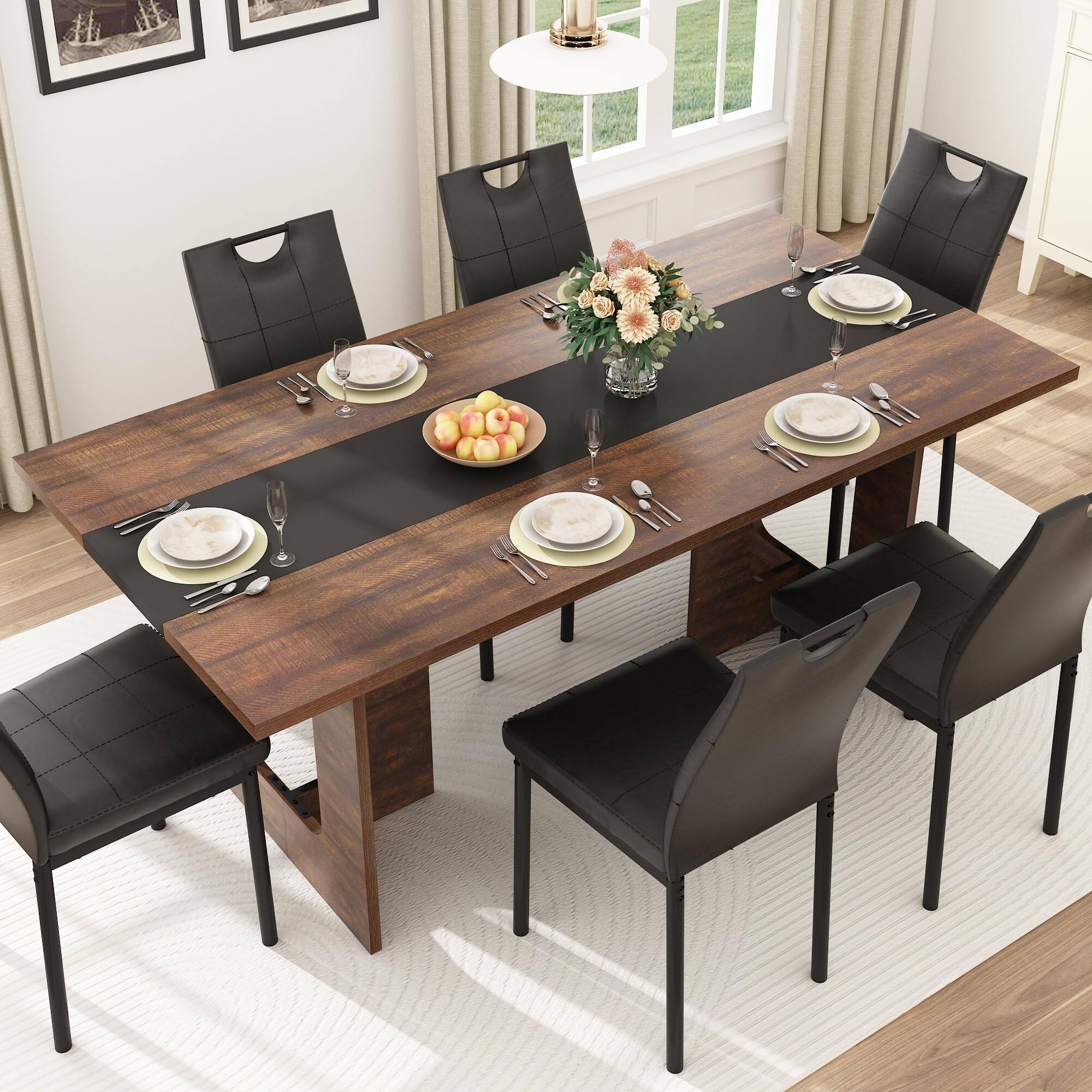 Left. Espafurni - 71" Farmhouse Dining Table for 6-8 | Solid Wood Rectangular Kitchen Table (Table Only) - Brown.