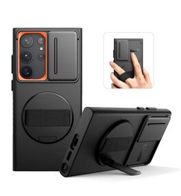 SURITCH - Case for Samsung Galaxy S23 Ultra with 360° Rotatable Hand Strap, Invisible Kickstand, Camera Cover, Rugged Shockproof - Black