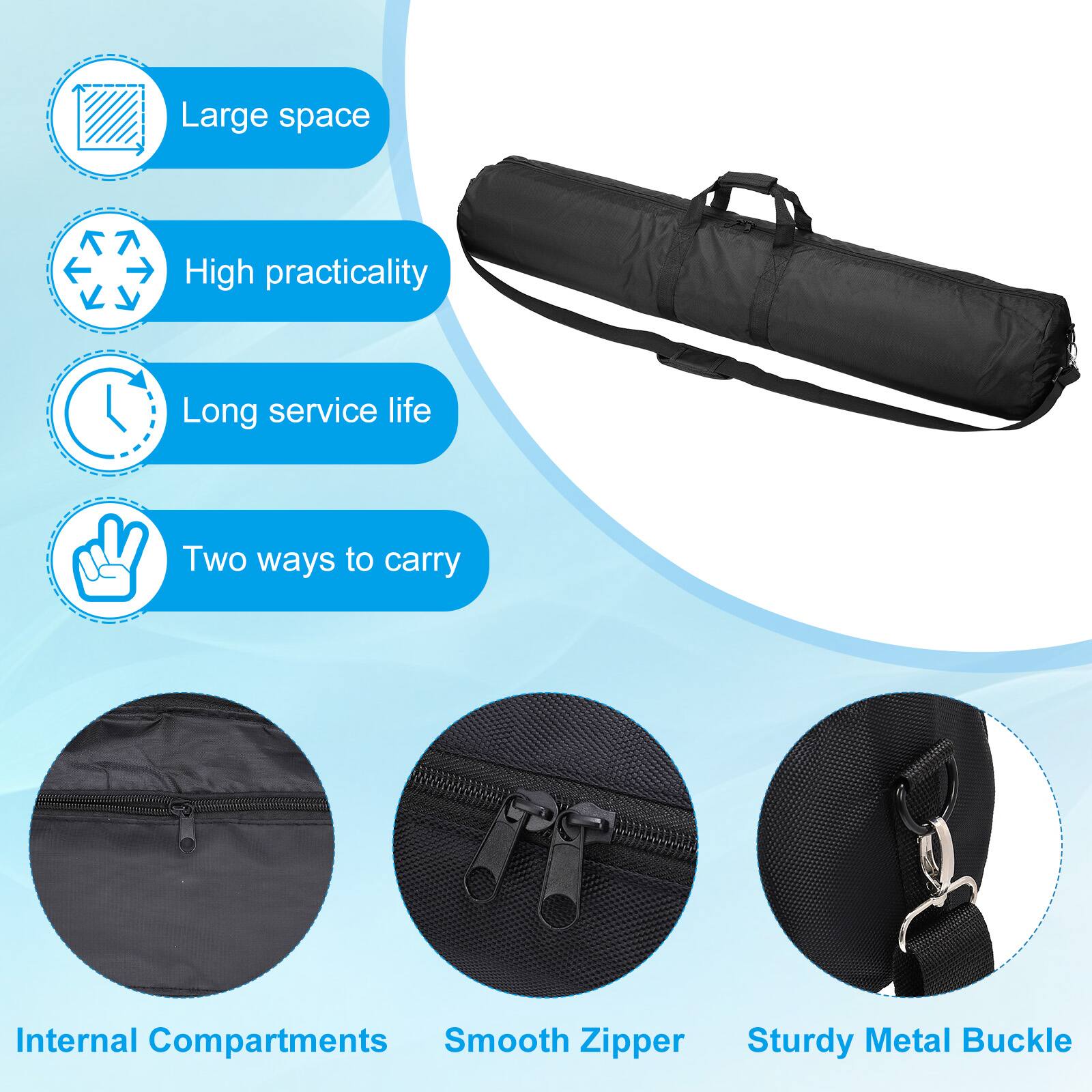 - Large space
- High practicality
- Long service life
- Two ways to carry
- Internal Compartments
- Smooth Zipper
- Sturdy Metal Buckle