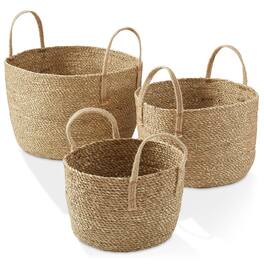 Casafield - 3 Seagrass Storage Basket Planters with Jute Handles - Boho Woven Bins - Natural