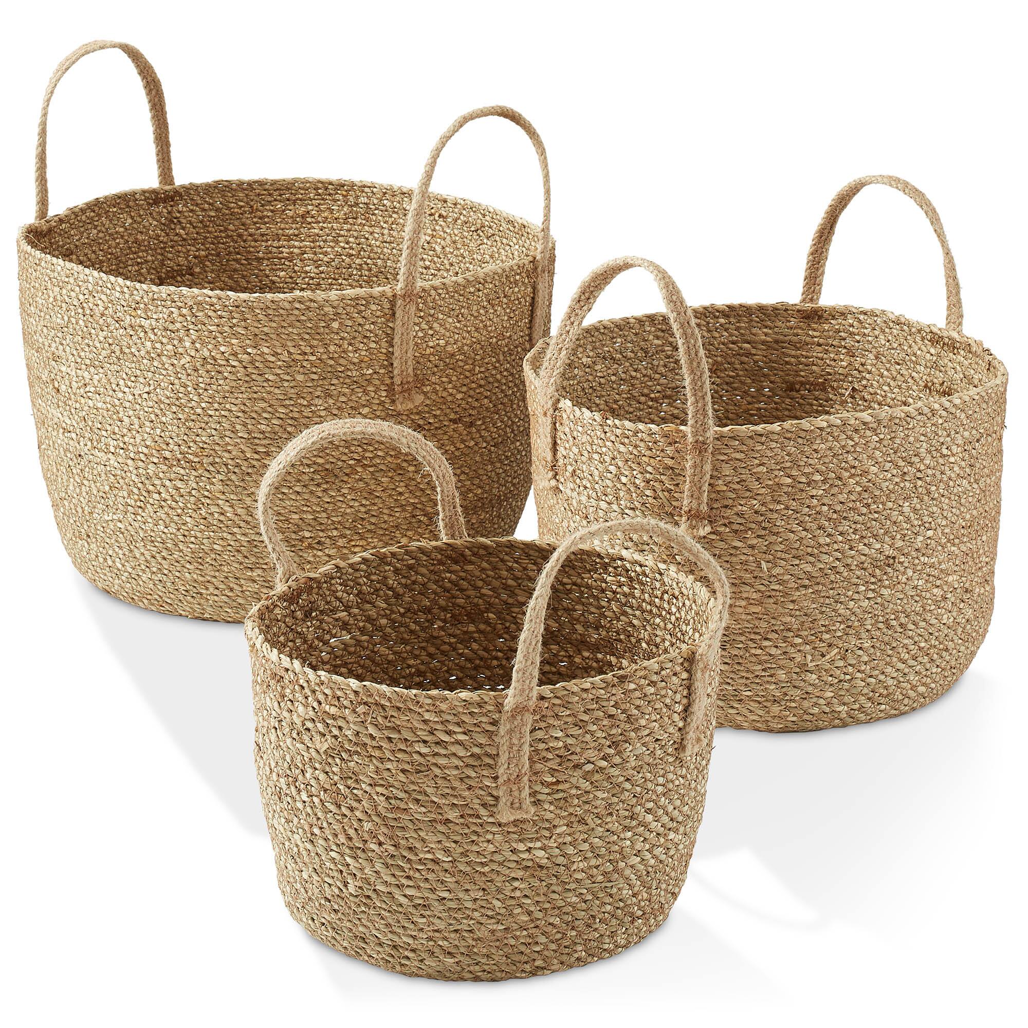 Front. Casafield - 3 Seagrass Storage Basket Planters with Jute Handles - Boho Woven Bins - Natural.