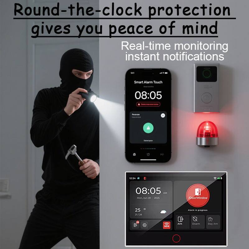 Round-the-clock protection gives you peace of mind  
Real-time monitoring instant notifications  

Smart Alarm Touch  
08:05  
Bome P  
12:34  
08:05 AM  
Mon, Jun 20, 2025  
Door/Window  
25°C  
21/20  
50%  
Arm  
Alarm in progress  
Disarm  
Stay Arm