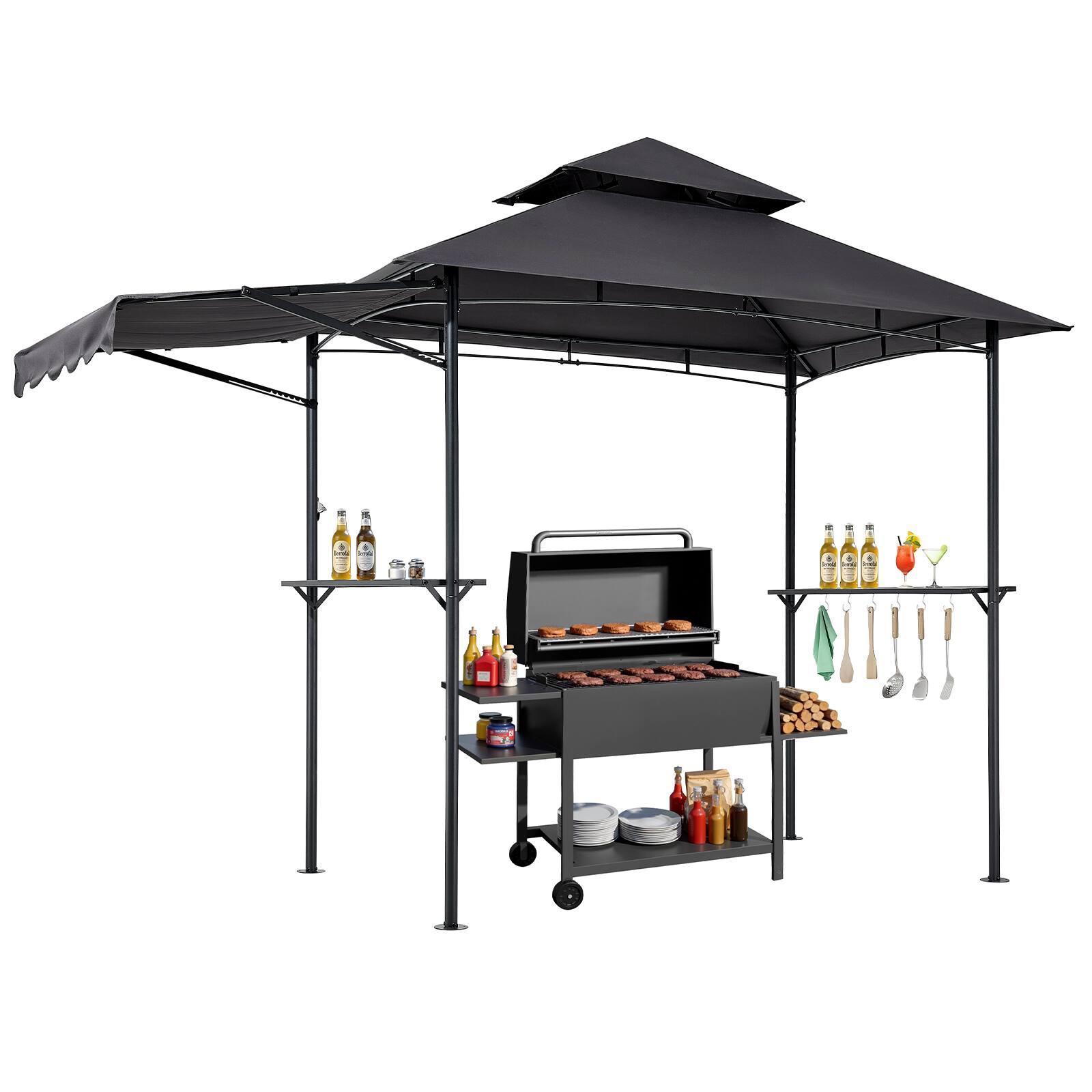 Front. VEVOR - Grill Gazebo,8 x 5 ft Double-Tiered Top, BBQ Gazebo with Extra Awning, Powder-Coated Steel Patio Grill Shelter - Dark Gray.