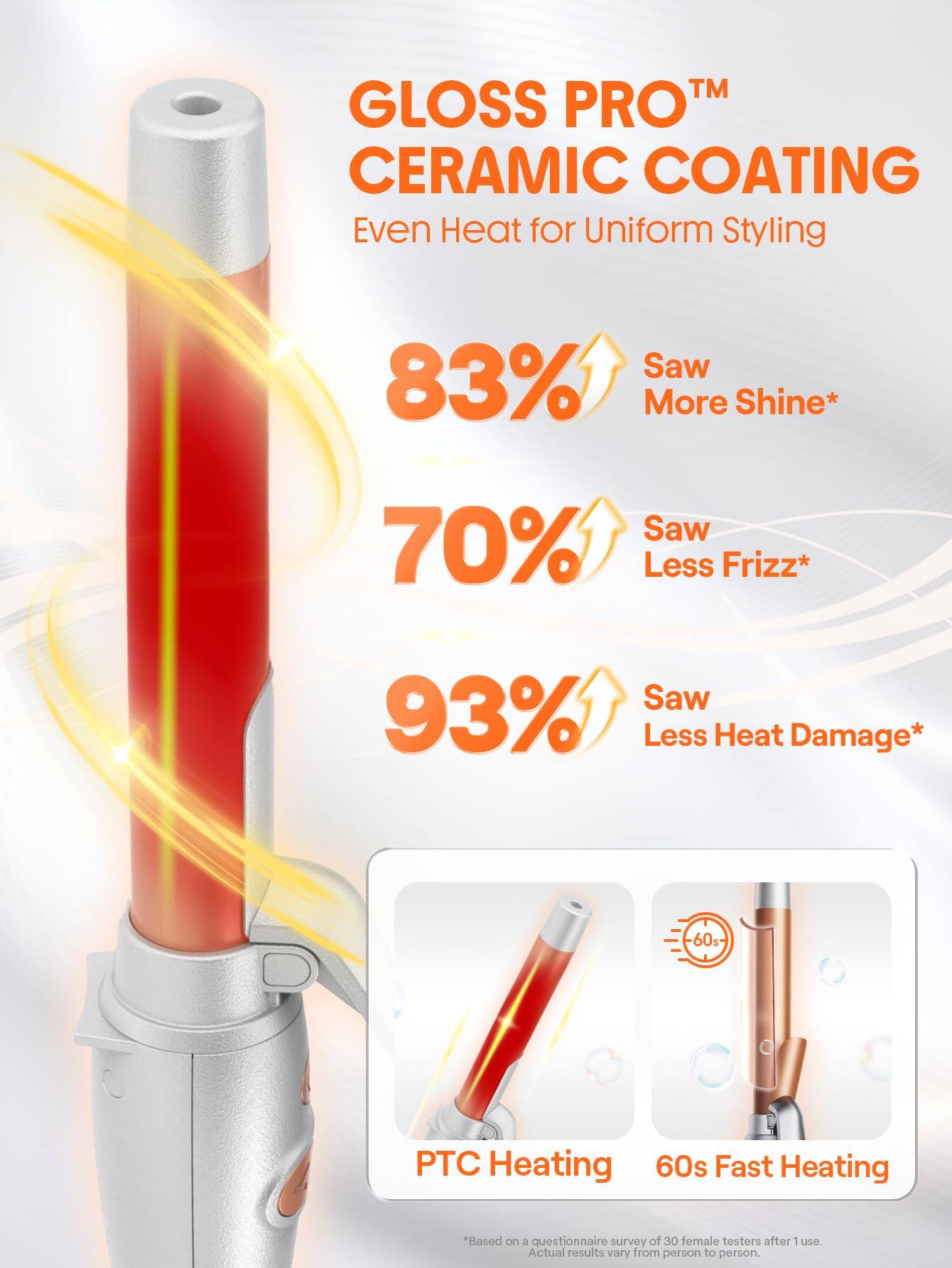 **GLOSS PRO™ CERAMIC COATING**  
Even Heat for Uniform Styling  

- **83%** More Shine*  
- **70%** Less Frizz*  
- **93%** Less Heat Damage*  

**PTC Heating**  
**60s Fast Heating**  

*Based on a questionnaire survey of 30 female testers after use. Actual results vary from person to person.