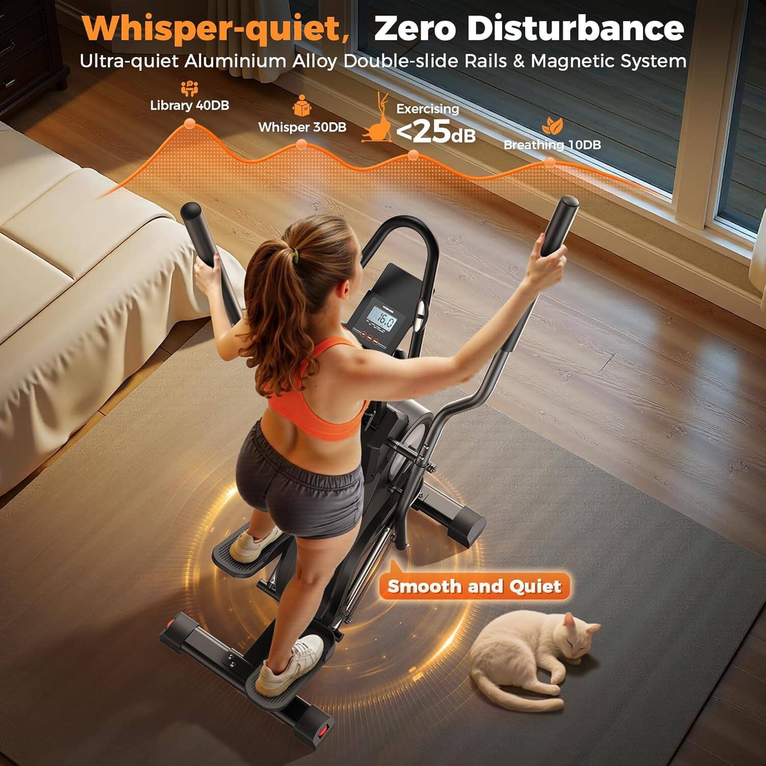 Whisper-quiet, Zero Disturbance  
Ultra-quiet Aluminium Alloy Double-slide Rails & Magnetic System  

Library 40dB  
Whisper 30dB  
Exercising <25dB  
Breathing 10dB  

Smooth and Quiet