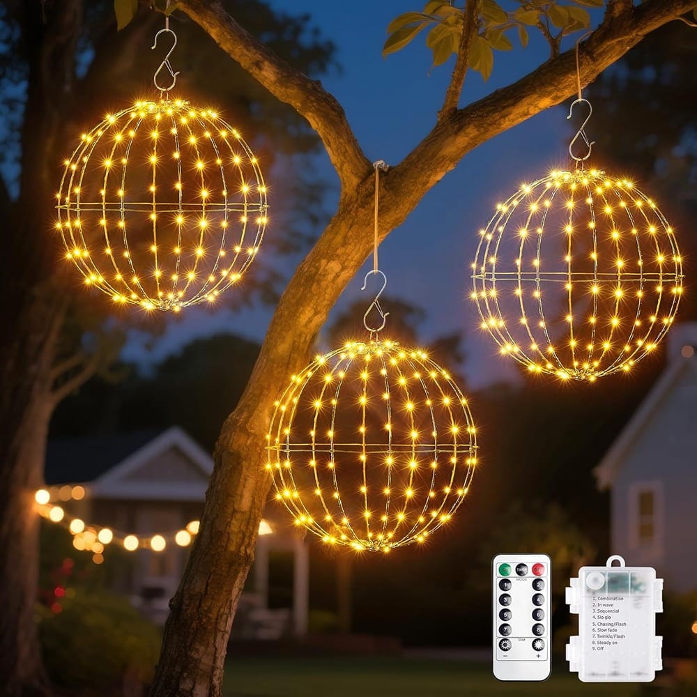 RTMB - 3-Pack 12" Christmas Ball Lights, 120 LEDs, Battery Operated, Warm White
