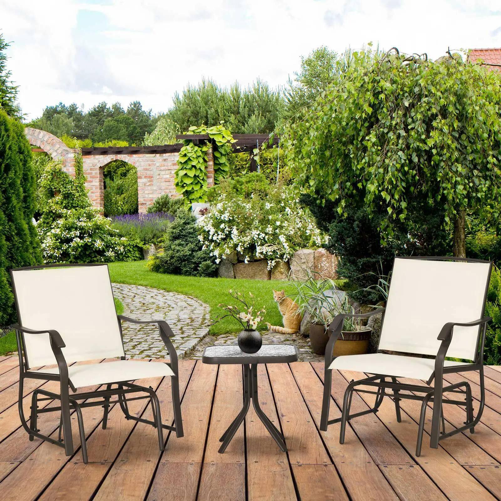 Left. Resenkos - Resenkos 3-Piece Bistro Set, Outdoor Glider Rocking Chairs, Sling Fabric, Glass Table, Perfect for Garden, Cream White - Cream White.