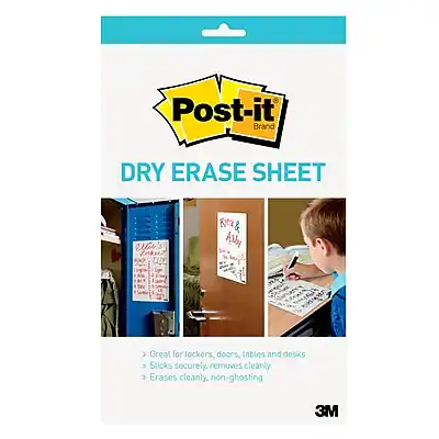 Post-it Brand DRY ERASE SHEET
Great for lockers, doors, tables and desks
Sticks securely, removes cleanly
Erases cleanly, non-ghosting
3M