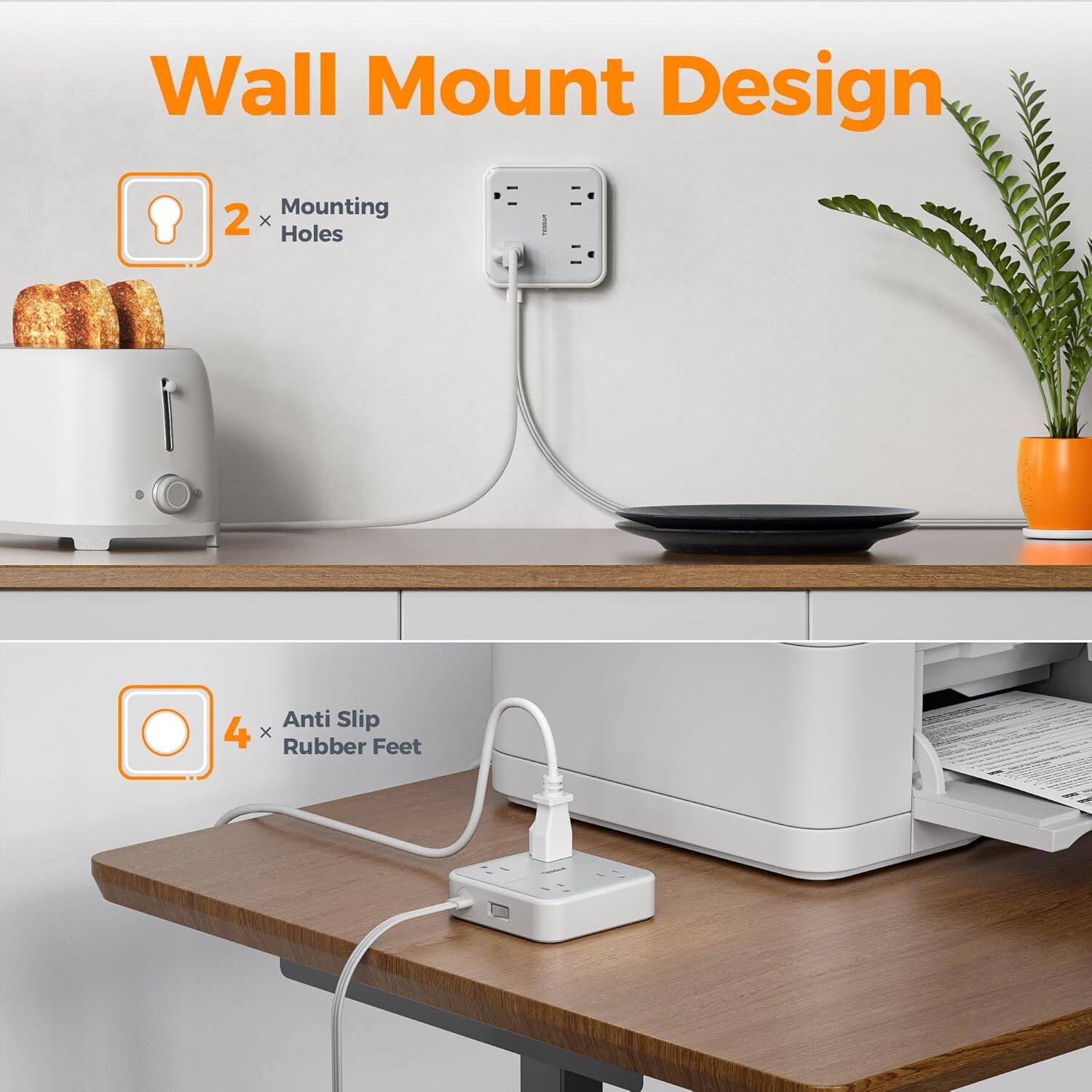 Wall Mount Design  
2 x Mounting Holes  
4 x Anti Slip Rubber Feet