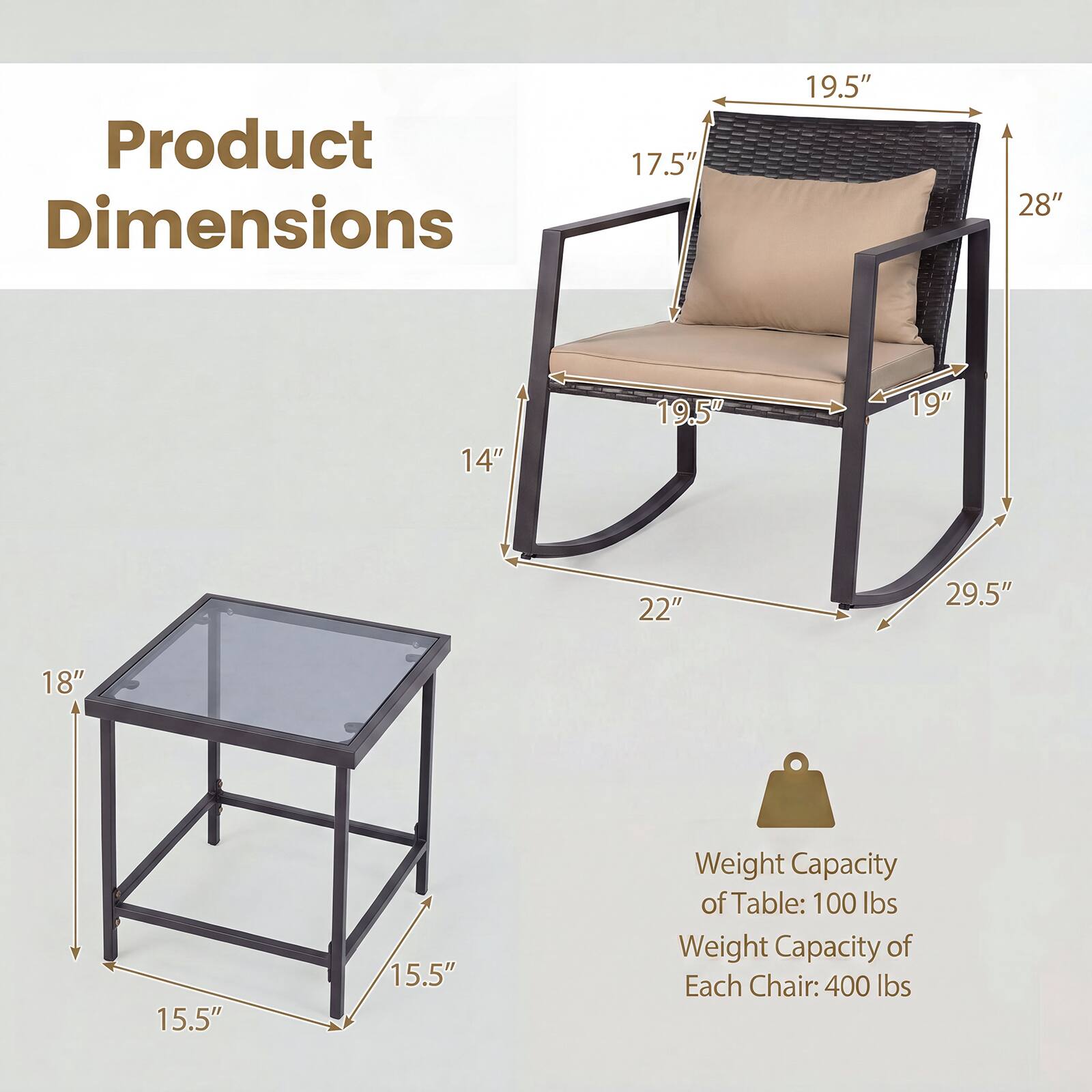 Product Dimensions

17.5"  
19.5"  
28"  
14"  
19.5"  
19"  
22"  
29.5"  
18"  
15.5"  
15.5"  

Weight Capacity of Table: 100 lbs  
Weight Capacity of Each Chair: 400 lbs