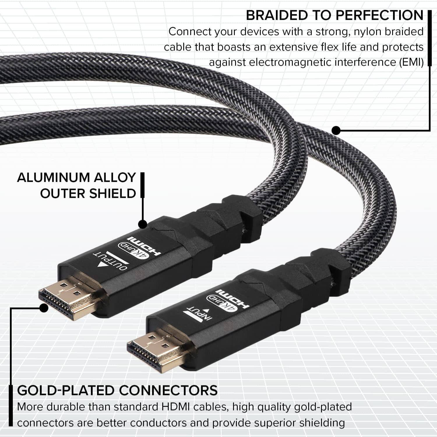 Braided to Perfection Connect your devices with a strong, nylon braided cable that boasts an extensive flex life and protects against electromagnetic interference (EMI). Aluminum Alloy Outer Shield KUHD WCH OUTPUT HI IWCH 4K INPUT GOLD-PLATED CONNECTORS More durable than standard HDMI cables, high quality gold-plated connectors are better conductors and provide superior shielding.