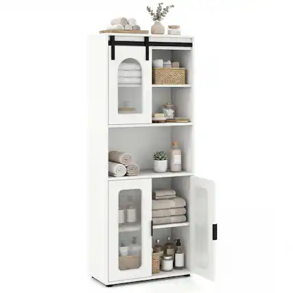 Front. Gymax - Gymax Farmhouse Bathroom Floor Cabinet 59"H Freestanding Linen Storage Organizer - White.