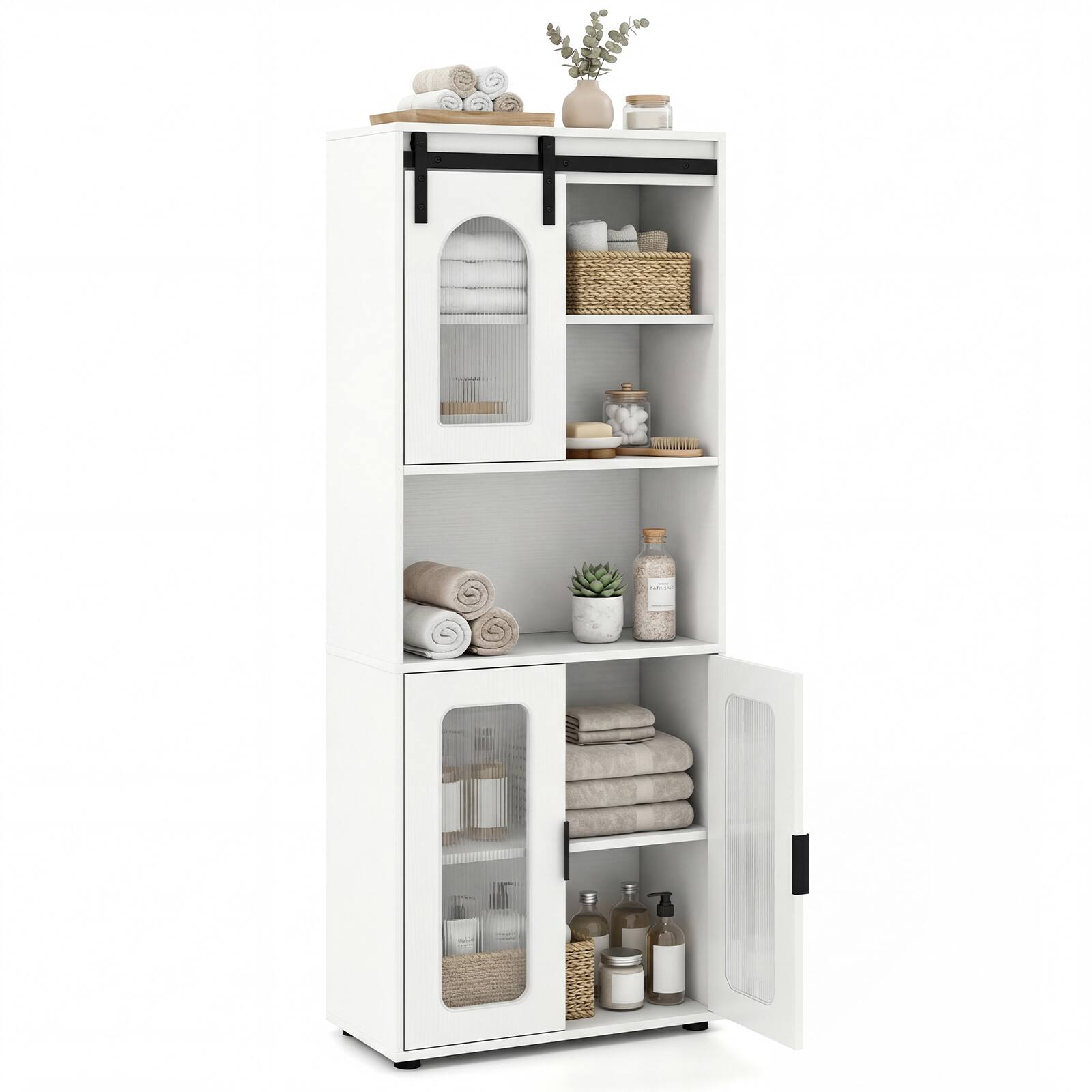 Front. Gymax - Gymax Farmhouse Bathroom Floor Cabinet 59"H Freestanding Linen Storage Organizer - White.