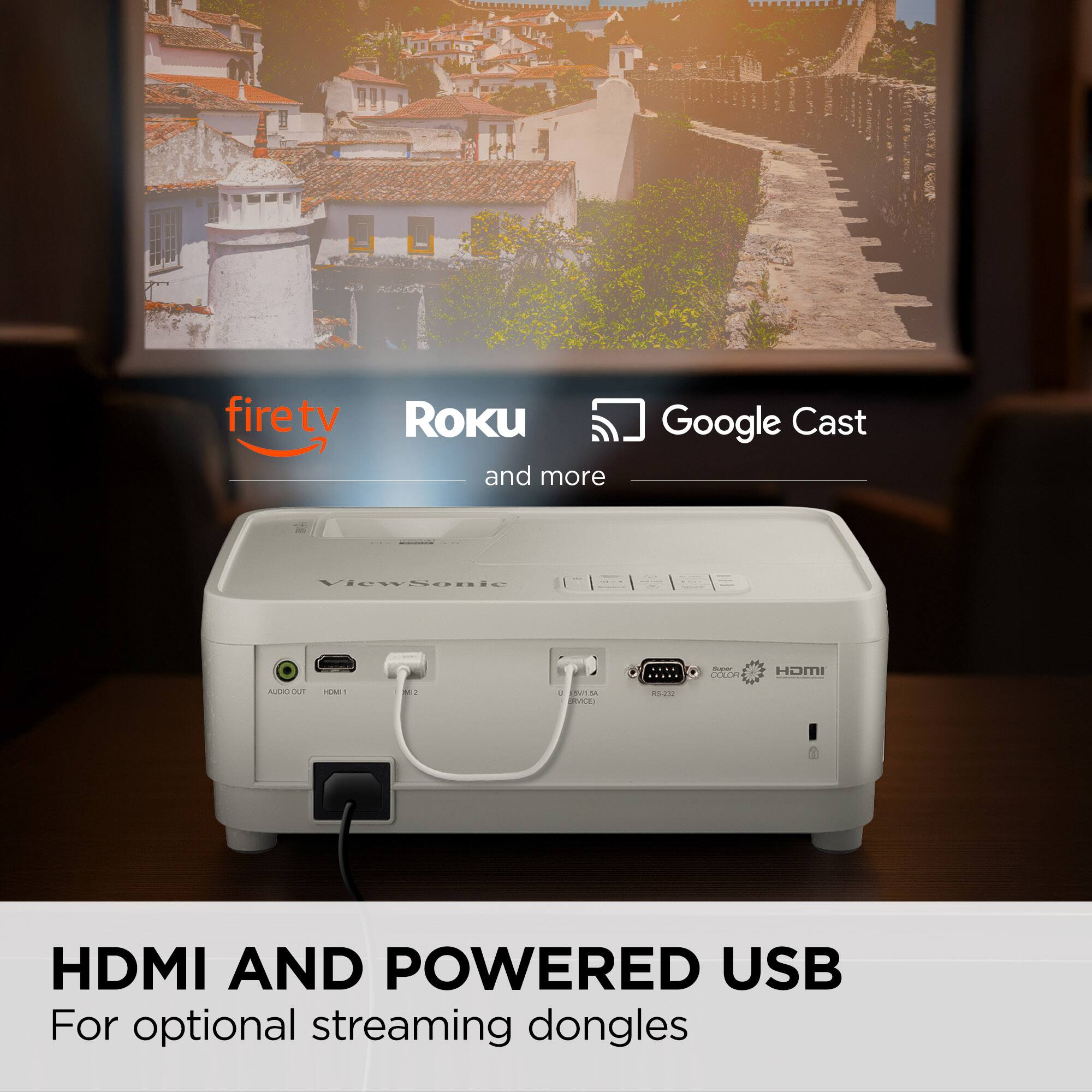 The text on the image reads: "HDMI and Powered USB for optional streaming dongles."