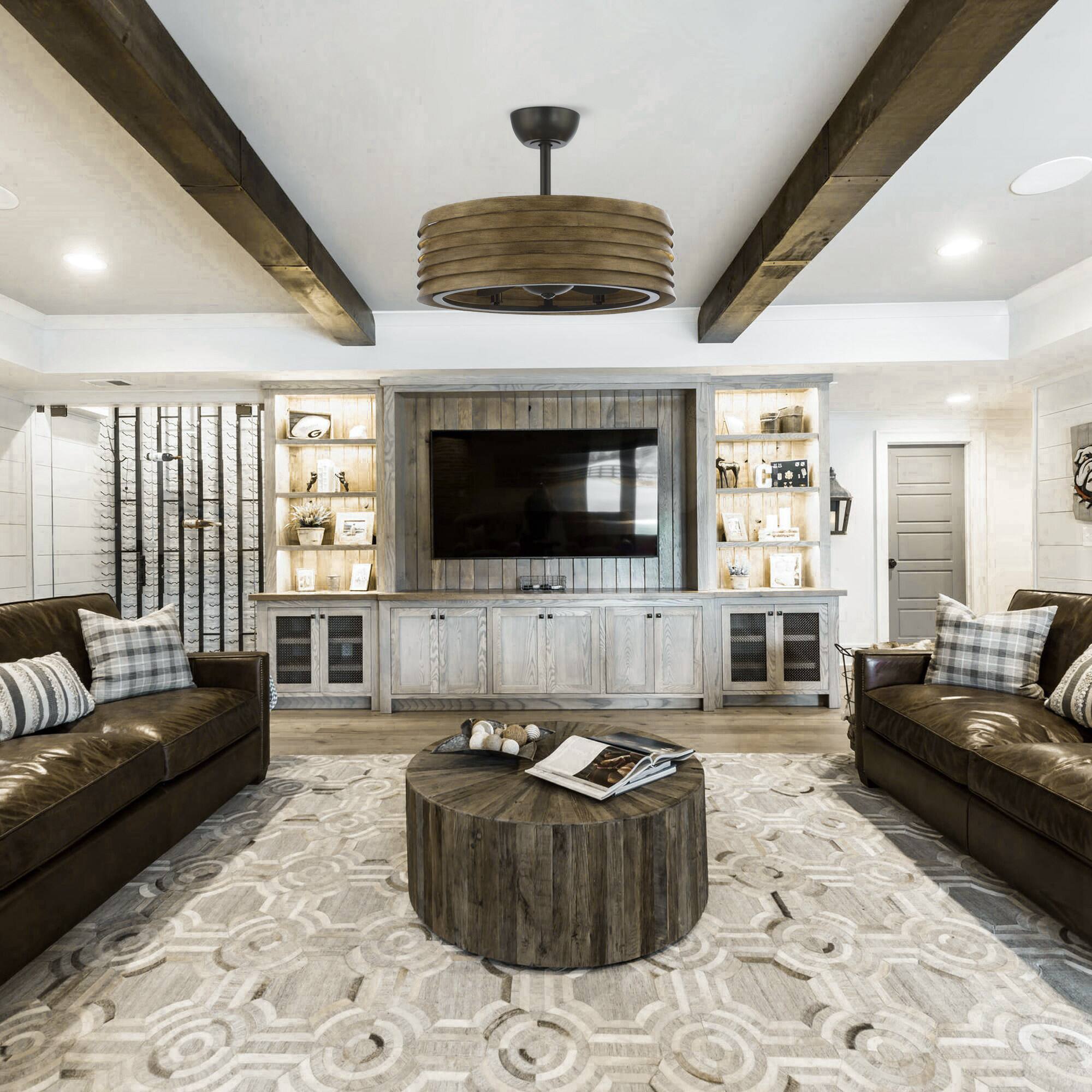 Left. Parrot Uncle - 24" Farmhouse Brown Caged LED Ceiling Fan with Remote Control - Black.